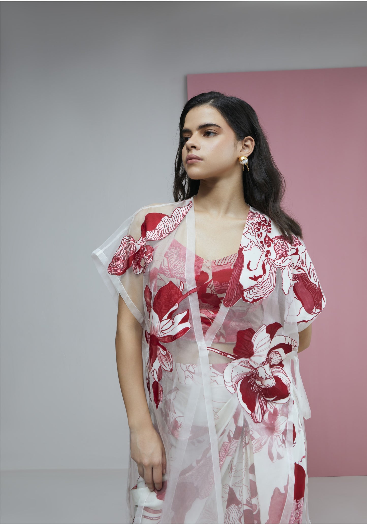 Red Bloom Cape With Bustier & Slit Skirt