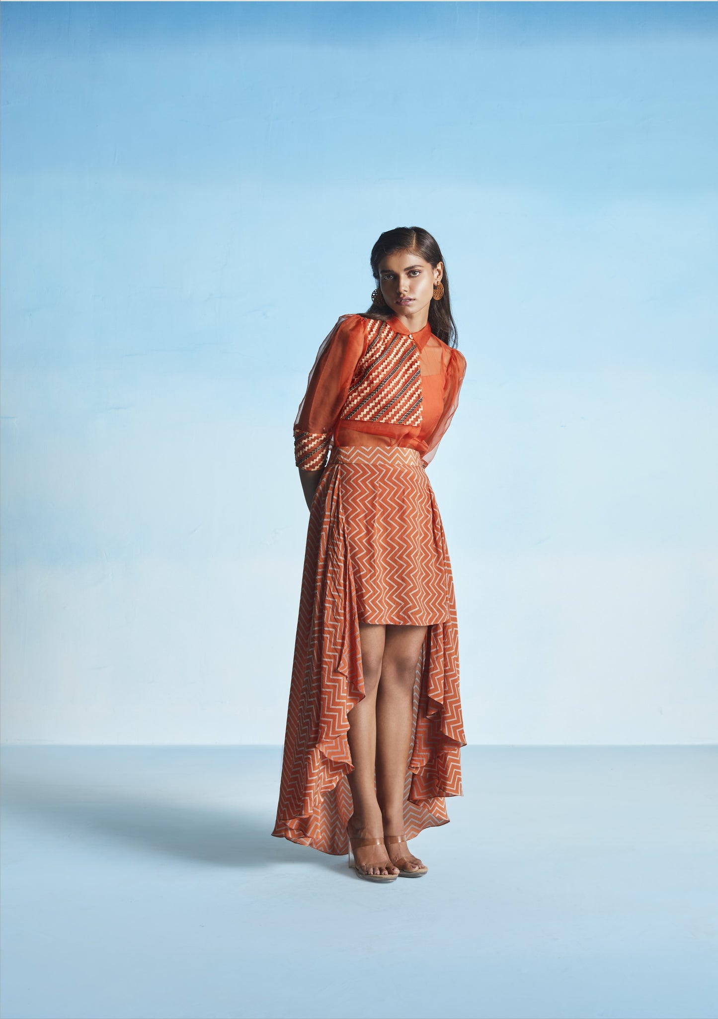 Tangerine Organza Shirt With Chevron Skirt