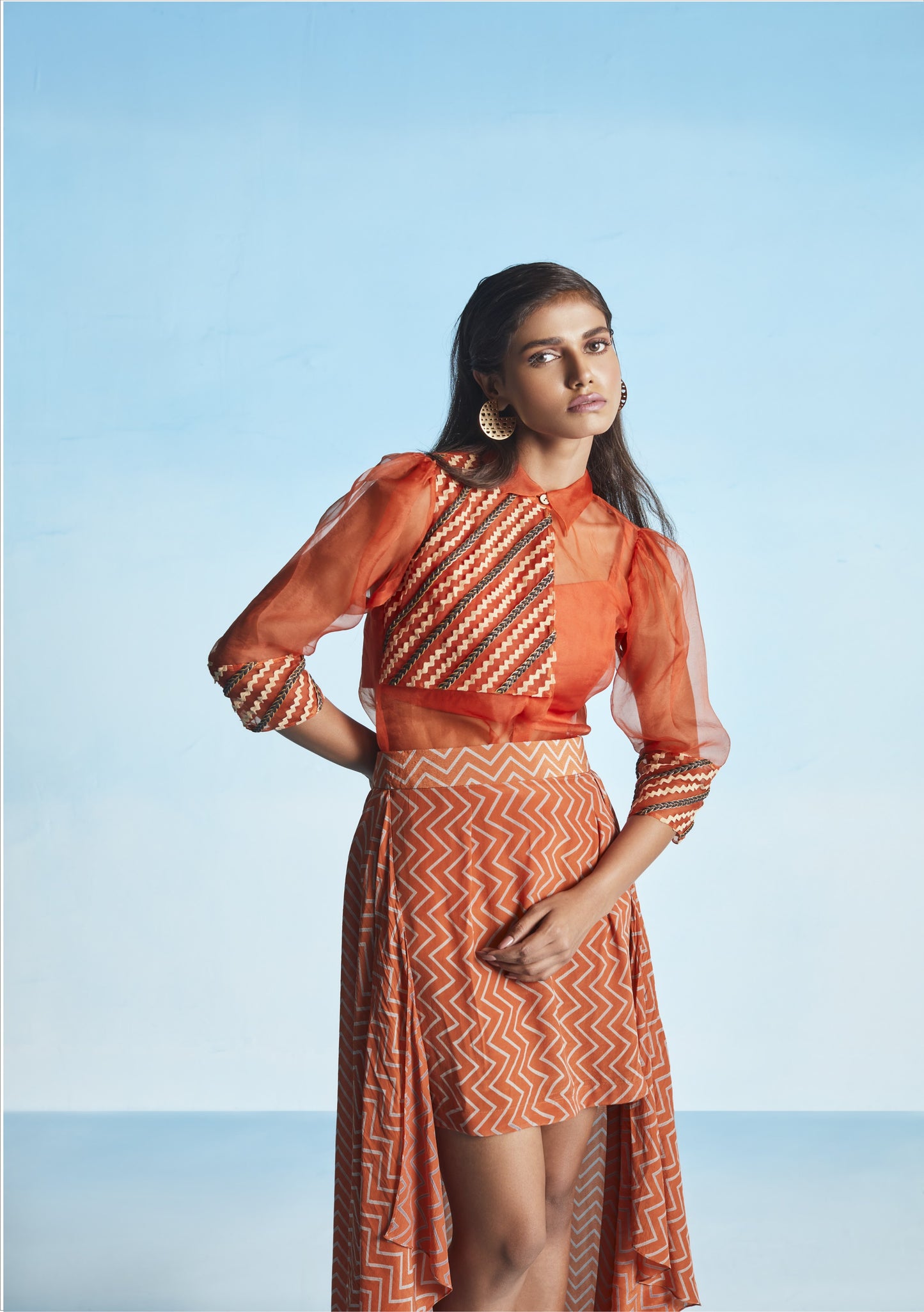 Tangerine Organza Shirt With Chevron Skirt