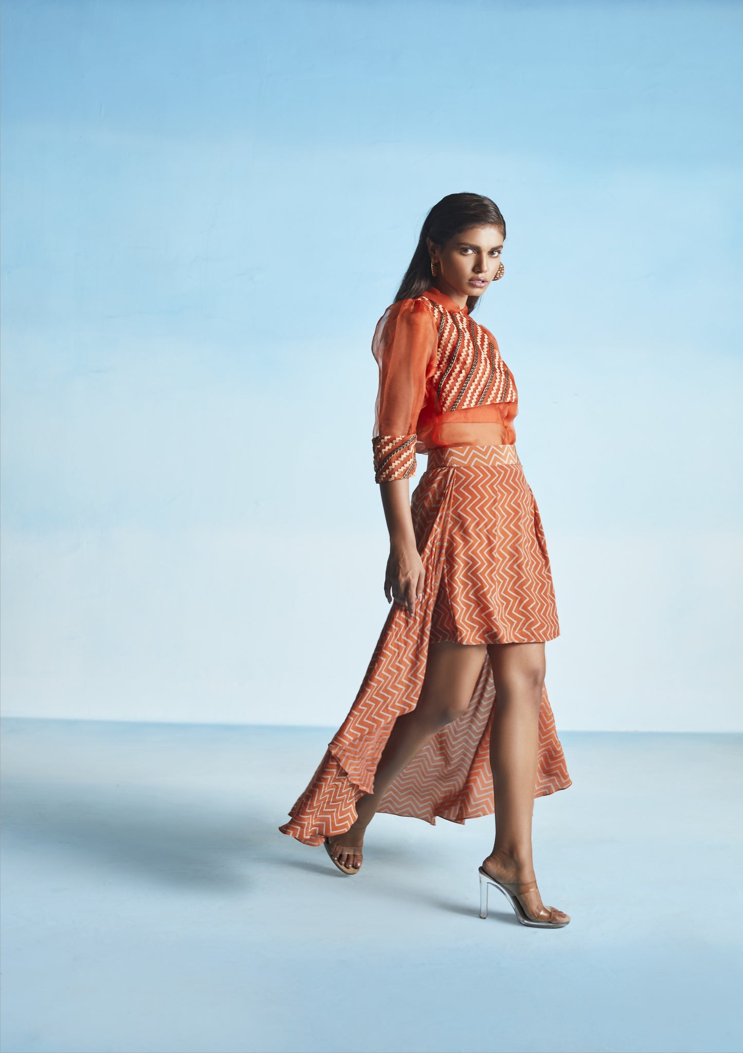 Tangerine Organza Shirt With Chevron Skirt