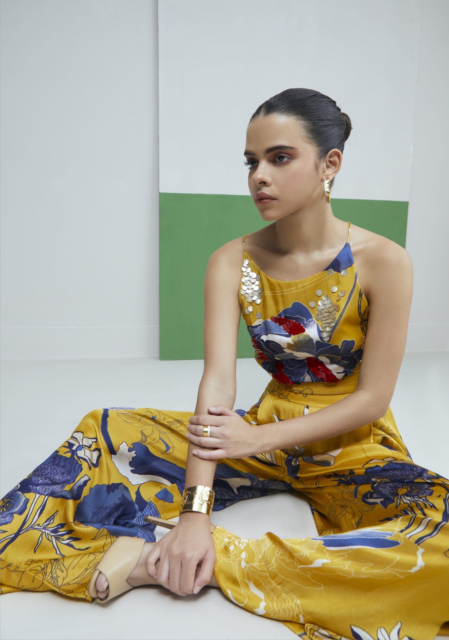 Yellow Bloom Print Halter Top With Pants And Cape Set