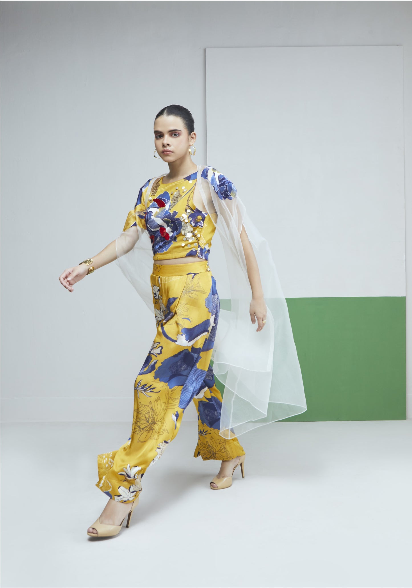 Yellow Bloom Print Halter Top With Pants And Cape Set