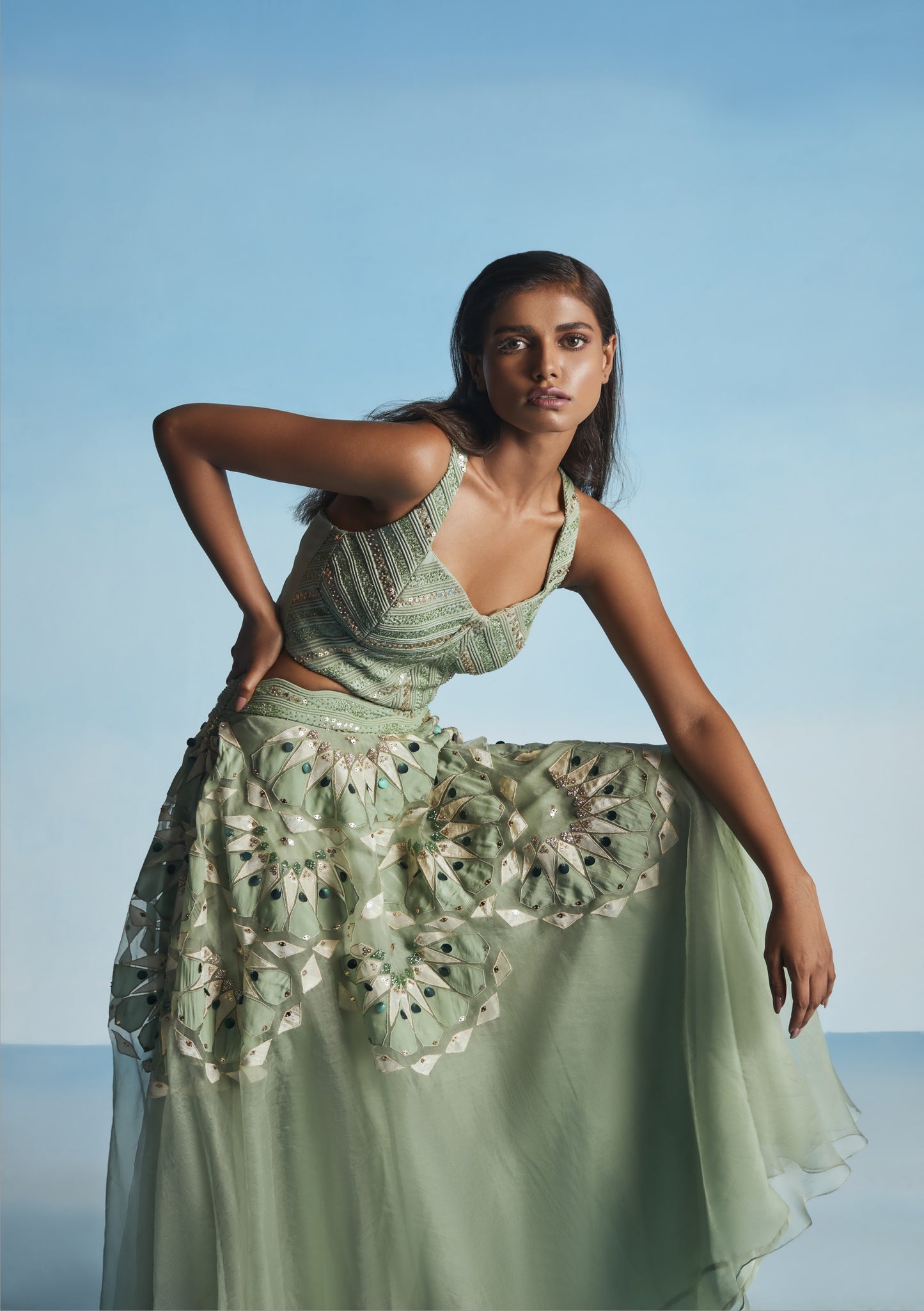 Sage Green Oraganza Skirt With Cord Bustier