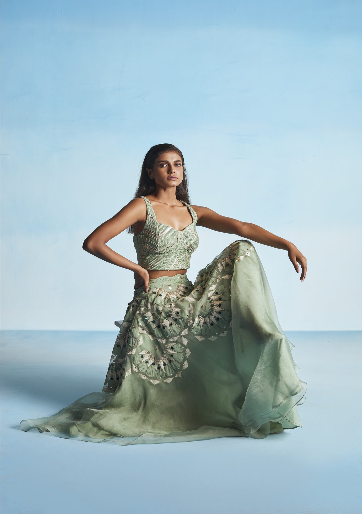 Sage Green Oraganza Skirt With Cord Bustier