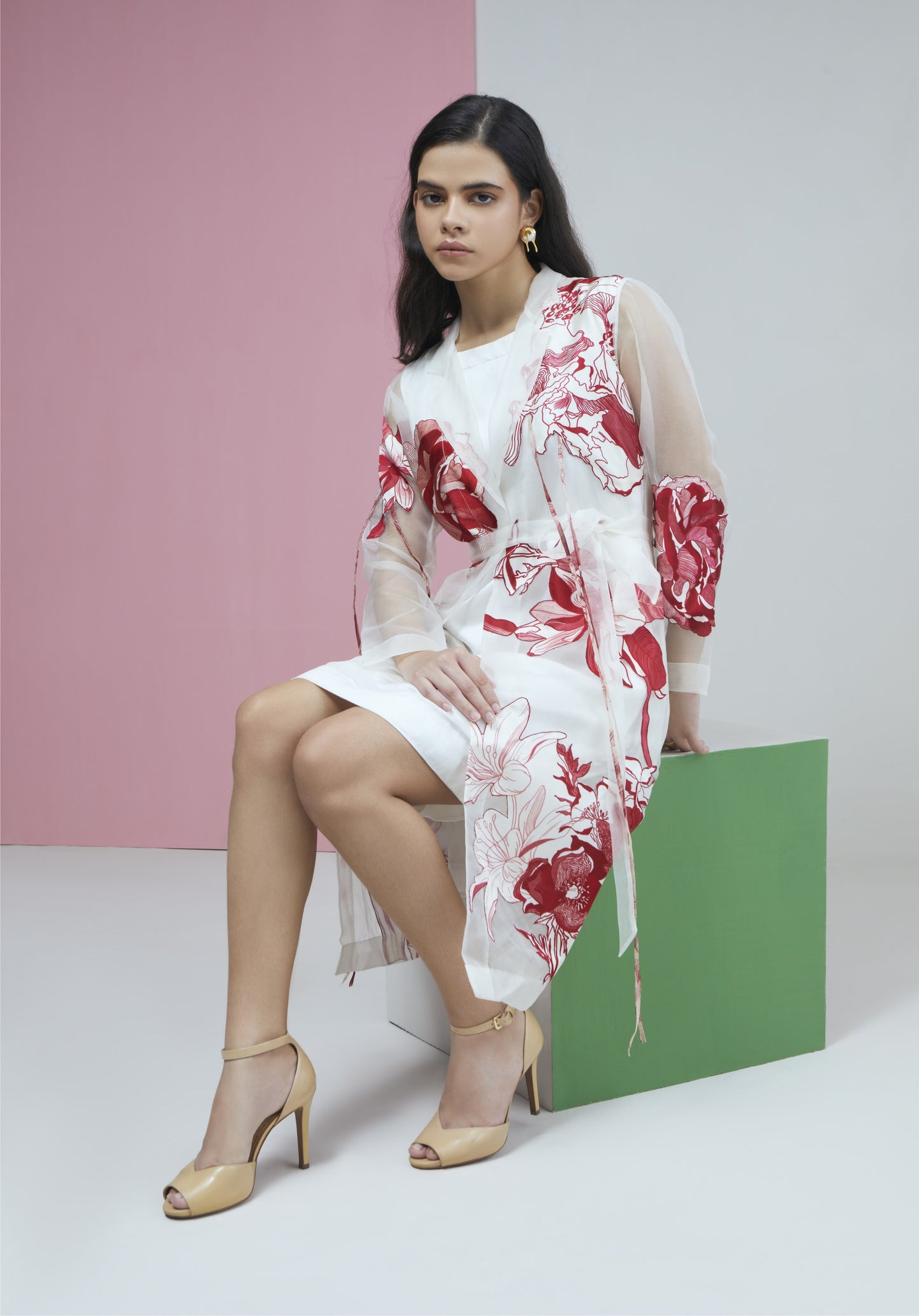 Red Bloom Organza Lapel Jacket With Dress