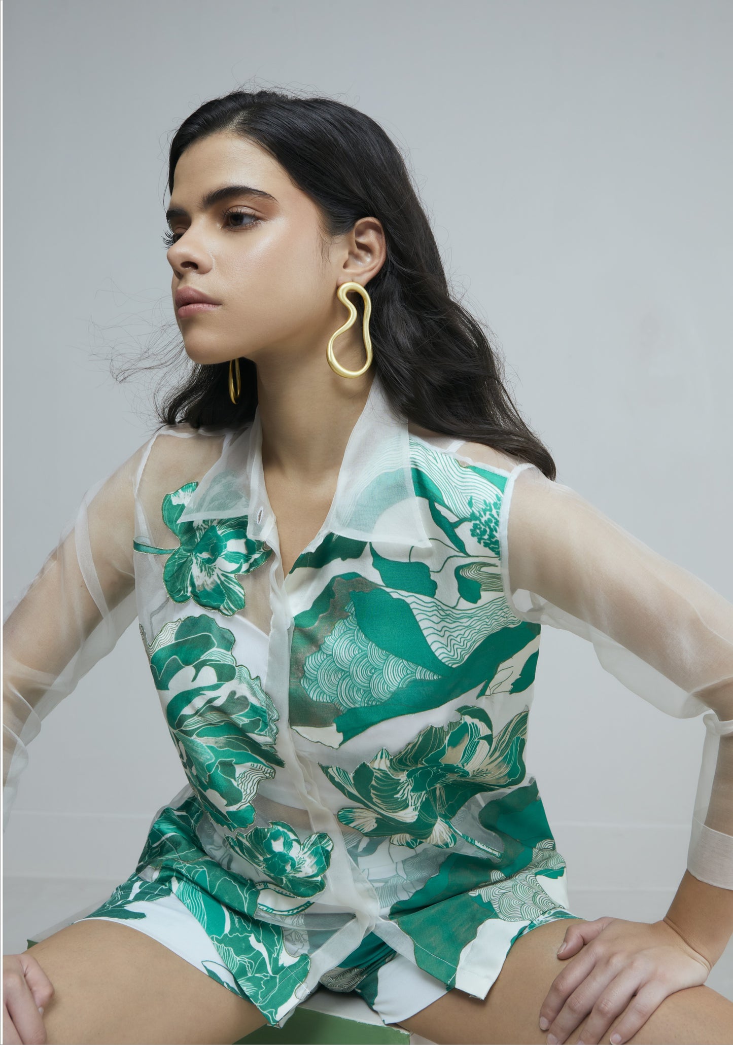 Green Bloom Organza Shirt With Shorts