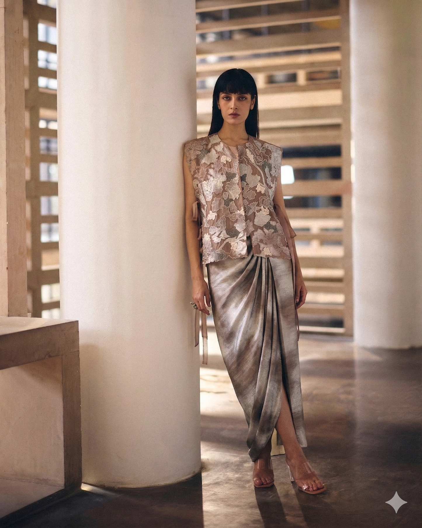 Brown Abstract Shimmer Tie-up Cape Set