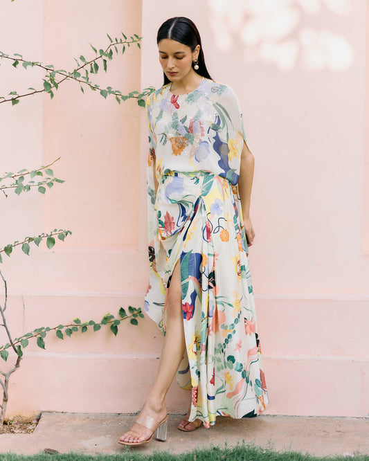 Paradise Beaded Cape Top With Slit Skirt