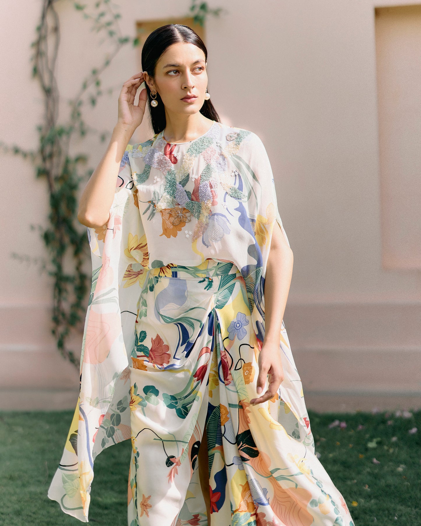 Paradise Beaded Cape Top With Slit Skirt