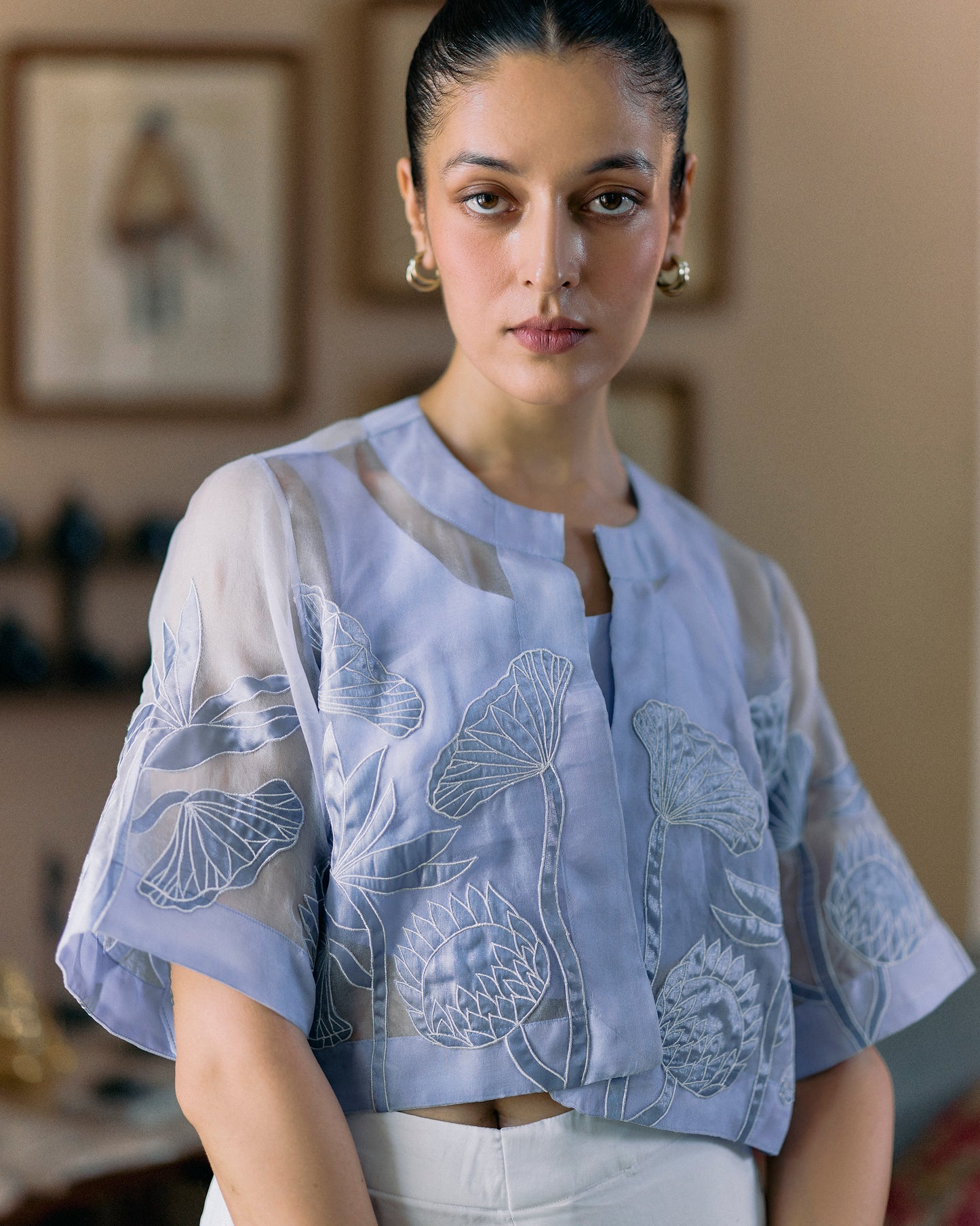 Powder Blue Crop Organza Applique Jacket Set With Pants