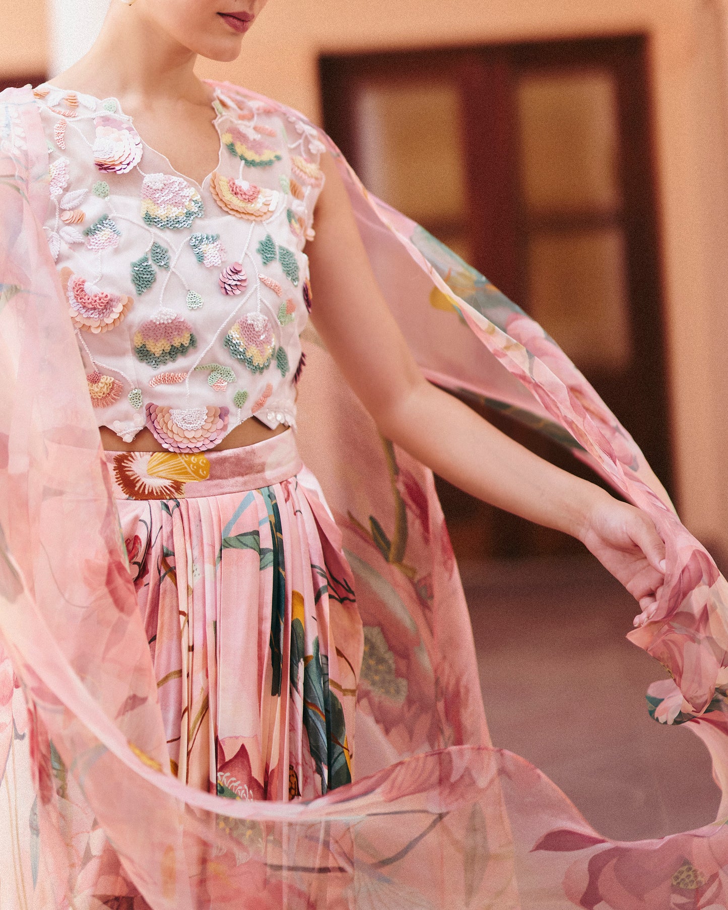 Beaded Top With Lotus Skirt and Cape