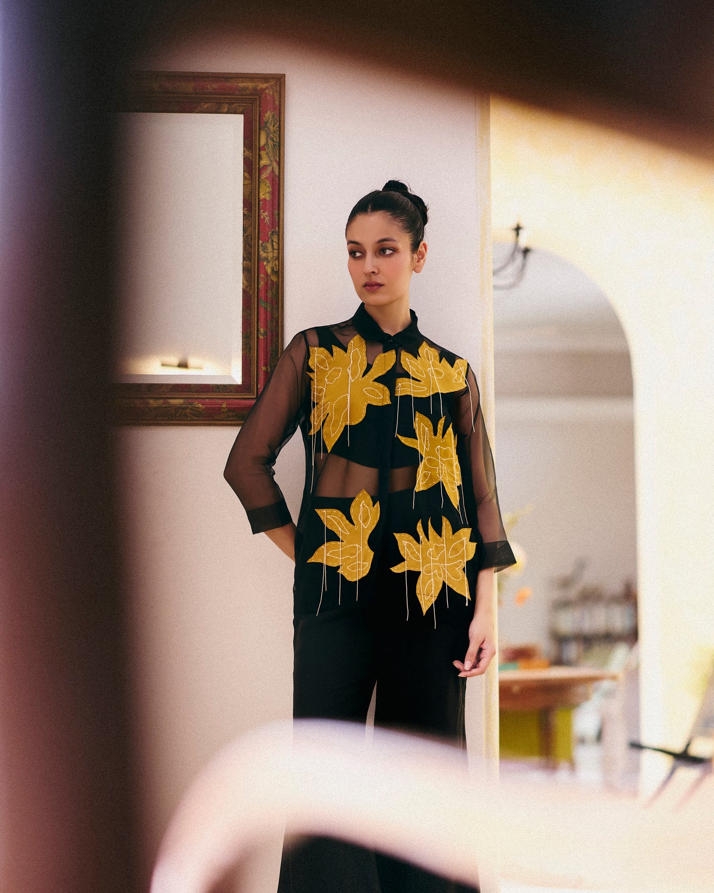 Black Organza Shirt Set With Mustard Flowers