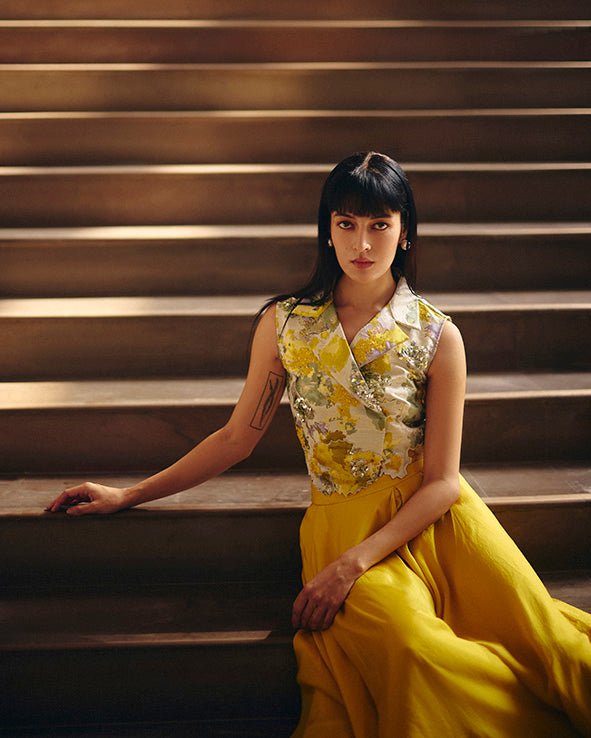 Yellow Jacquard Crop Jacket With Flare Pants