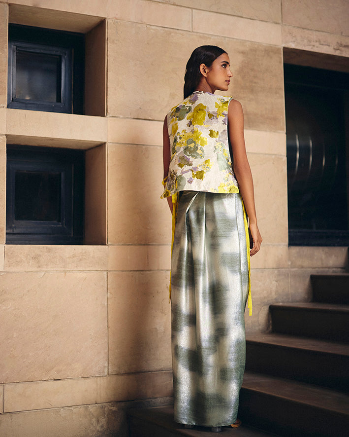 Yellow Jacquard Tie-up Jacket With Mint Shimmer Slit Skirt