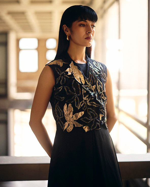 Black Magnolia Organza Short Jacket With Asymmetric Jumpsuit