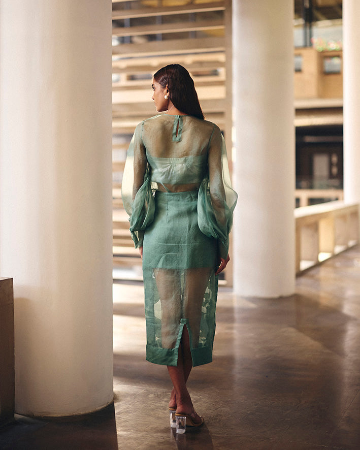 Sage Green Terra Dash Pencil Skirt With Opaline Sheer Top Set