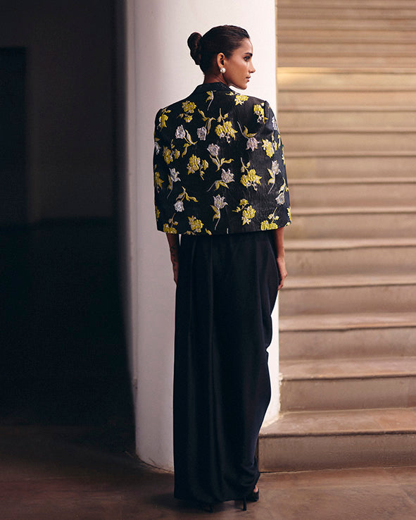 Black Jacquard Crop Jacket Set