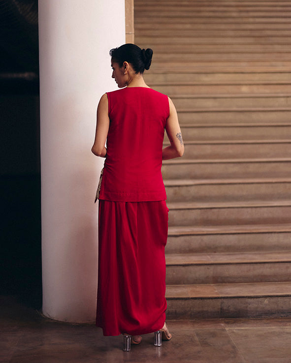 Red Magnolia Jacket With Slit Skirt
