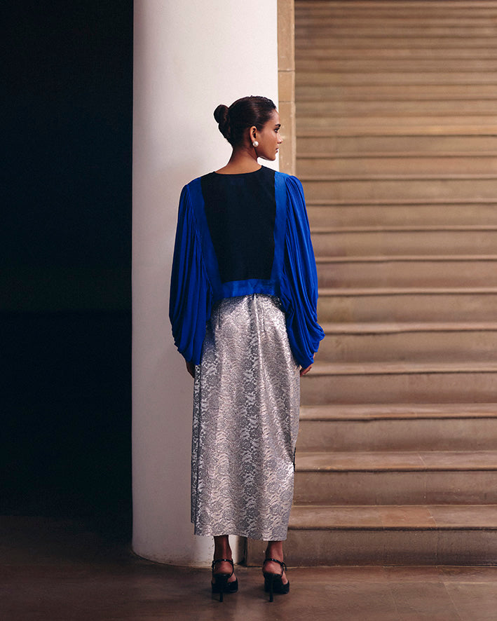 Electric Blue Color Block Crop Shirt With Sliver Drape Skirt
