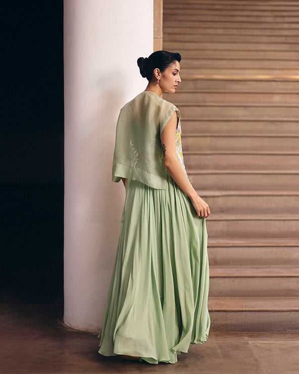 Soft Green Foliage Tie-up Cape With Pleated Skirt Set