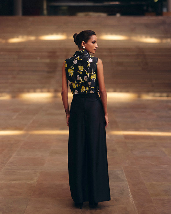 Black Beaded Jacquard Crop Jacket With Skirt