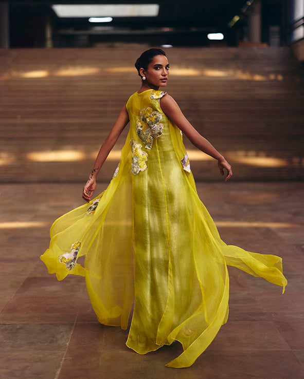 Yellow Jacquard Applique Organza Jacket With Mint Shimmer Skirt Set