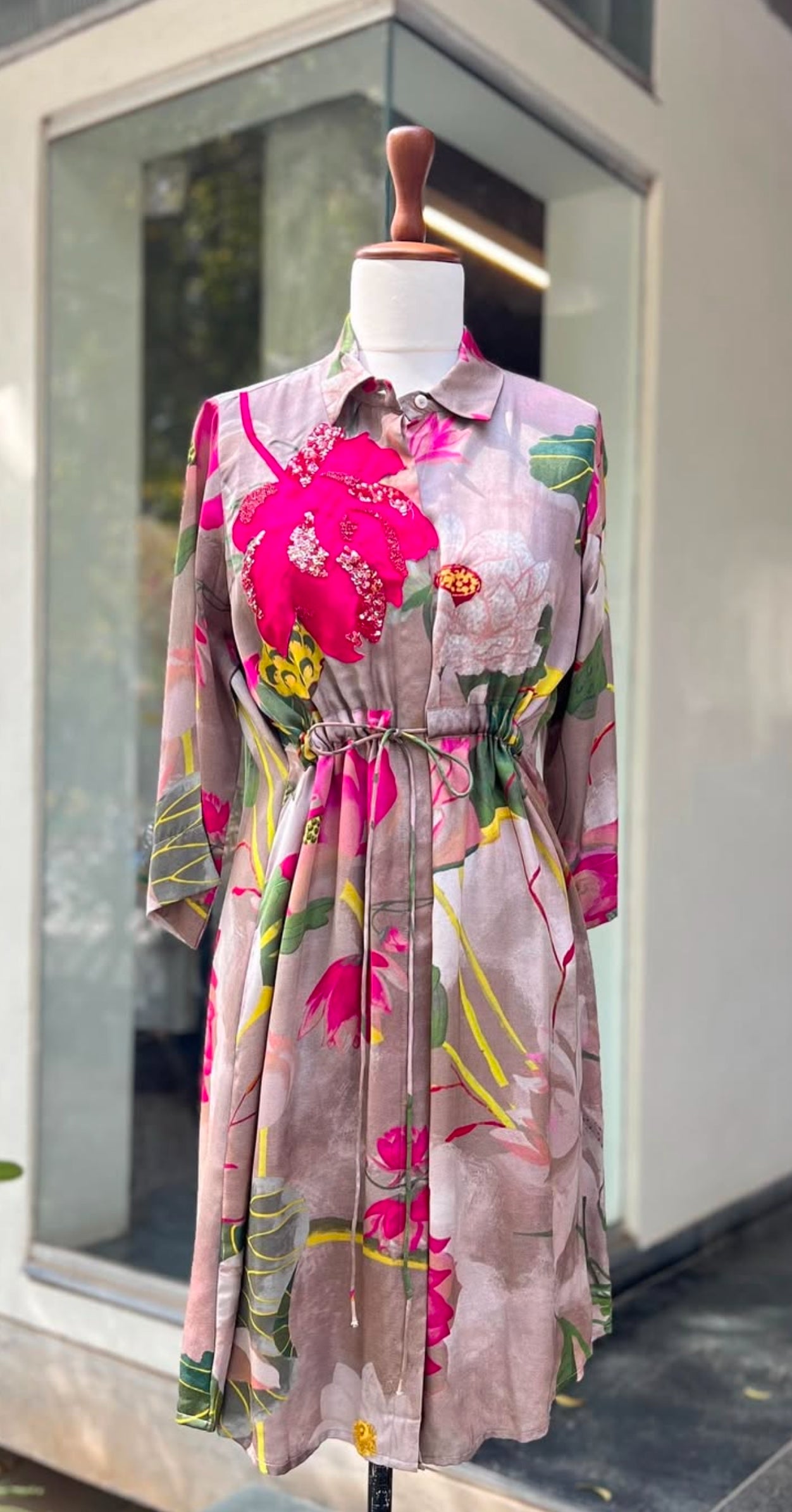 Grey Lotus Print Draw-string Shirt Dress.