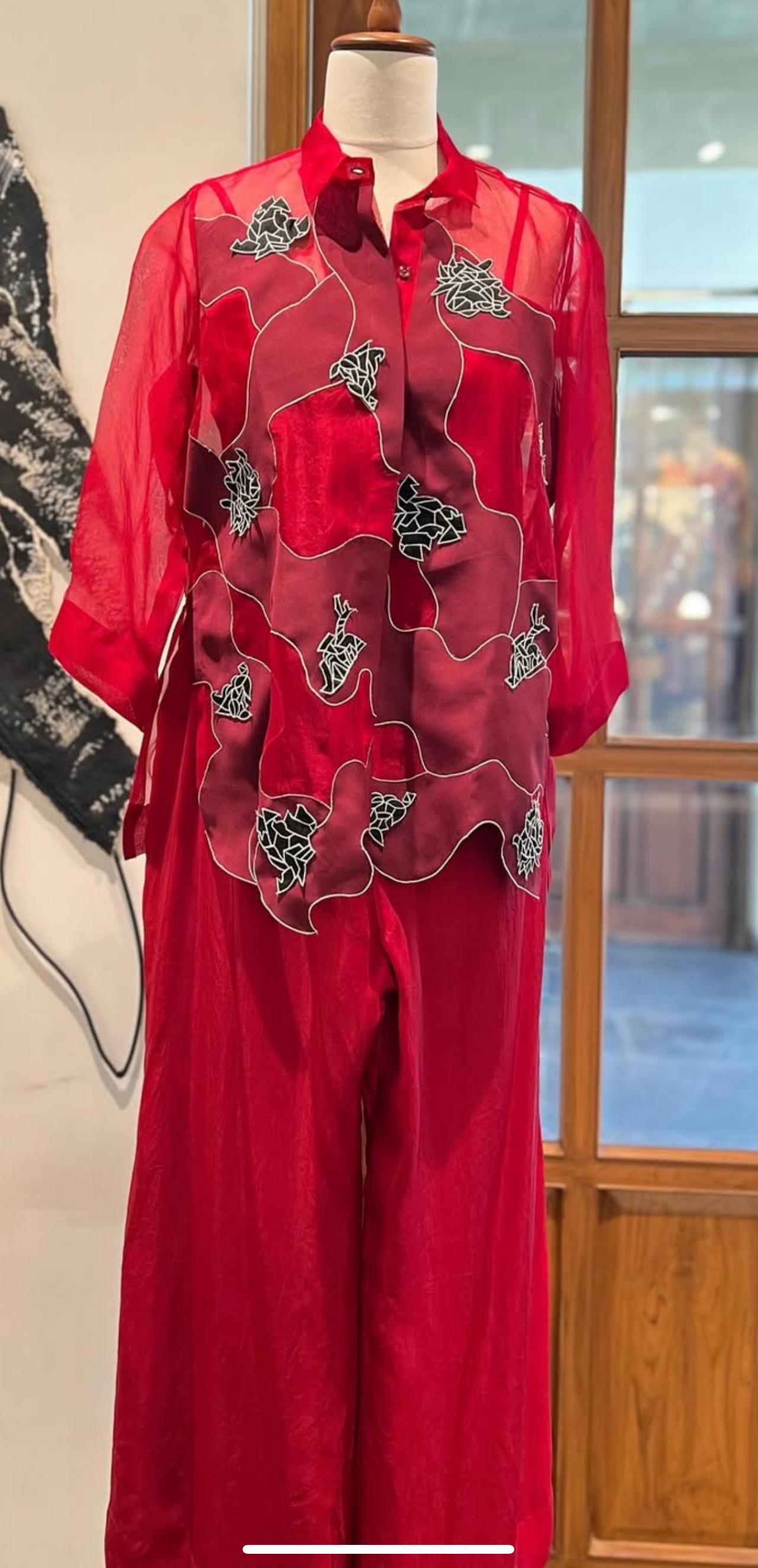 Maroon Swirl Organza Shirt With Pant Co-ord Set.