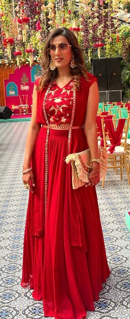 Red Pleated Cape, Bustier & Skirt Set.