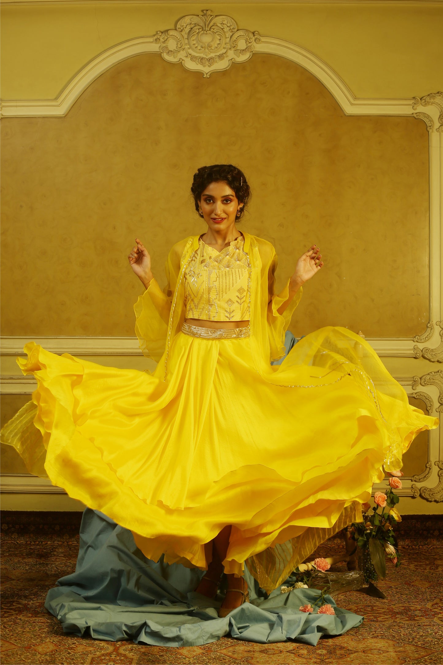 Yellow Beaded Top with Layered Skirt & Embroidered Organza Jacket.