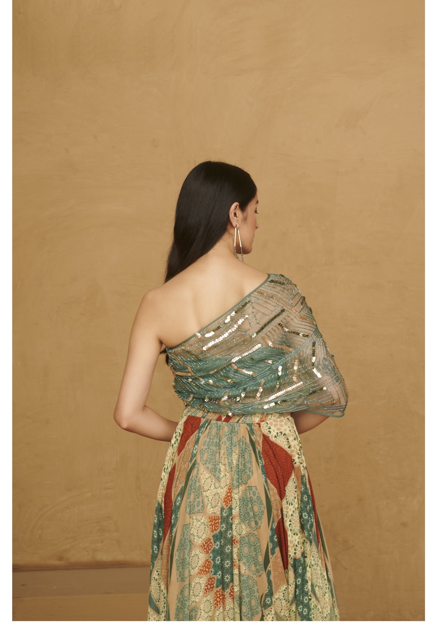 Slate Green Beaded Organza Top With Skirt Set