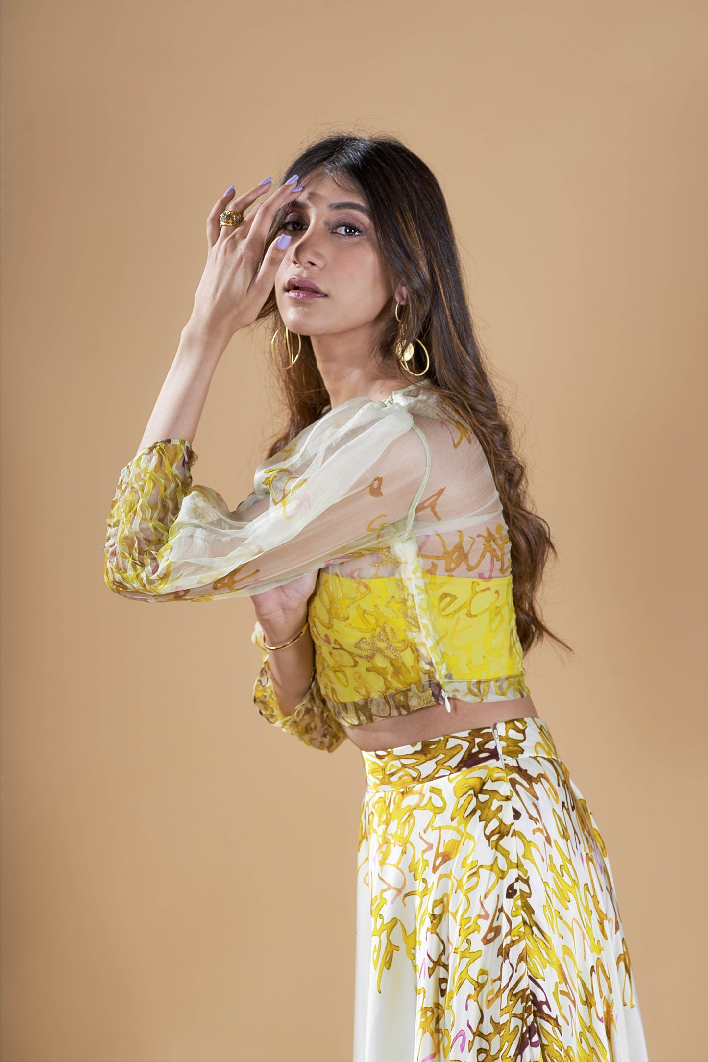 Yellow calligraphy print organza top with printed skirt set.
