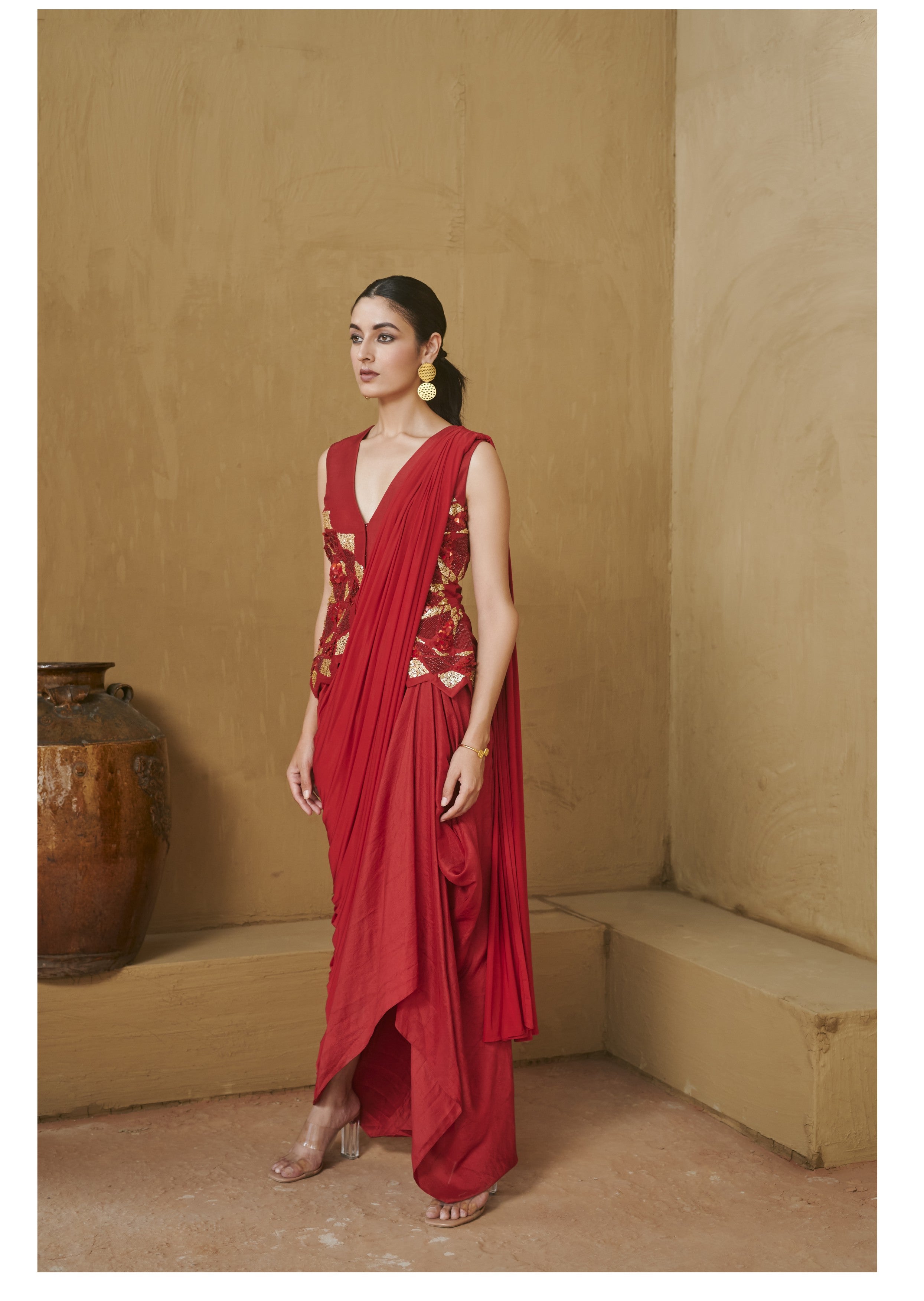 Red Beaded Star Cutwork Jacket with Saree Set