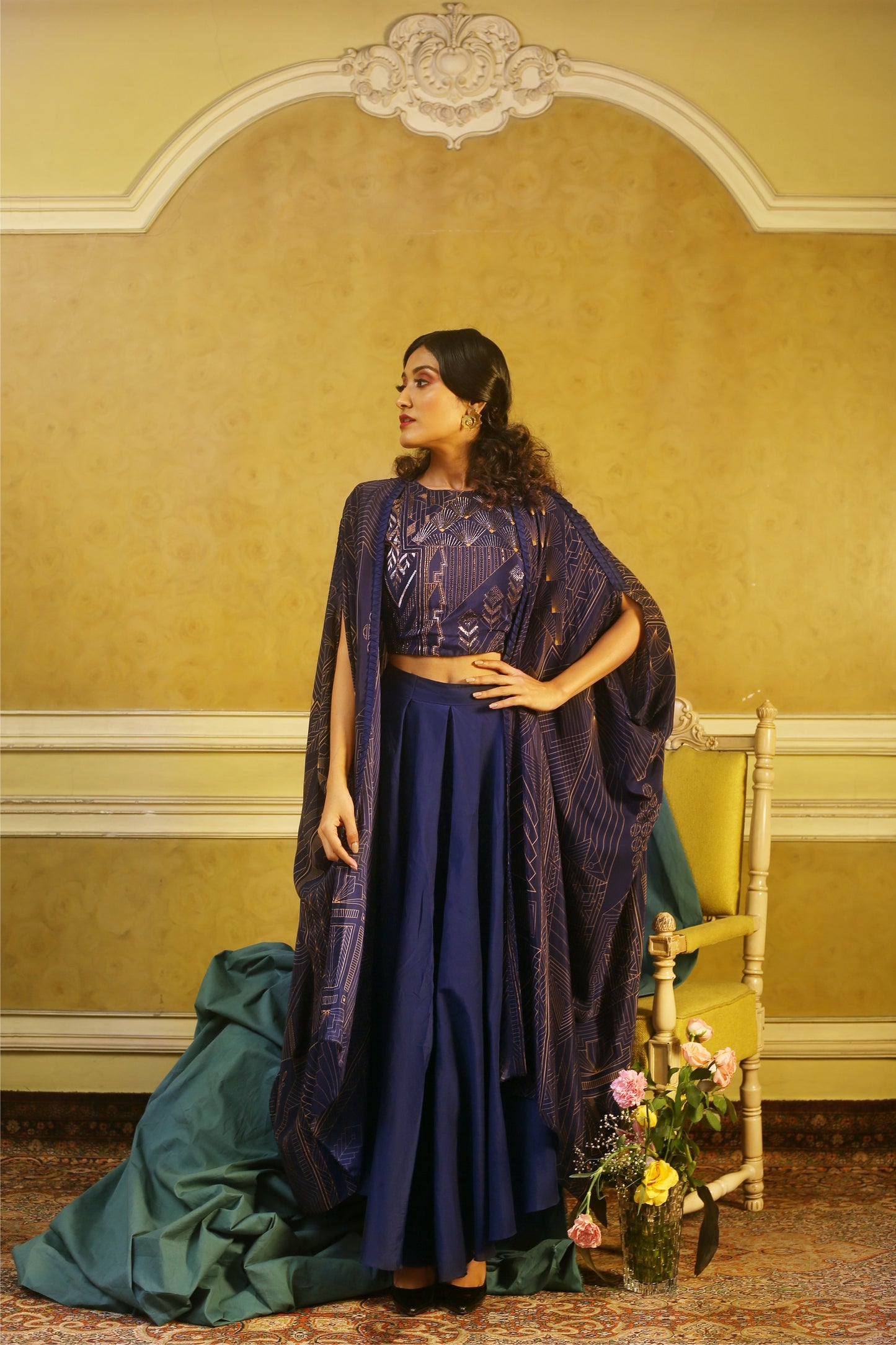 Navy Art Deco Beaded Top with Flared Pants & Printed Origami Cape Set.