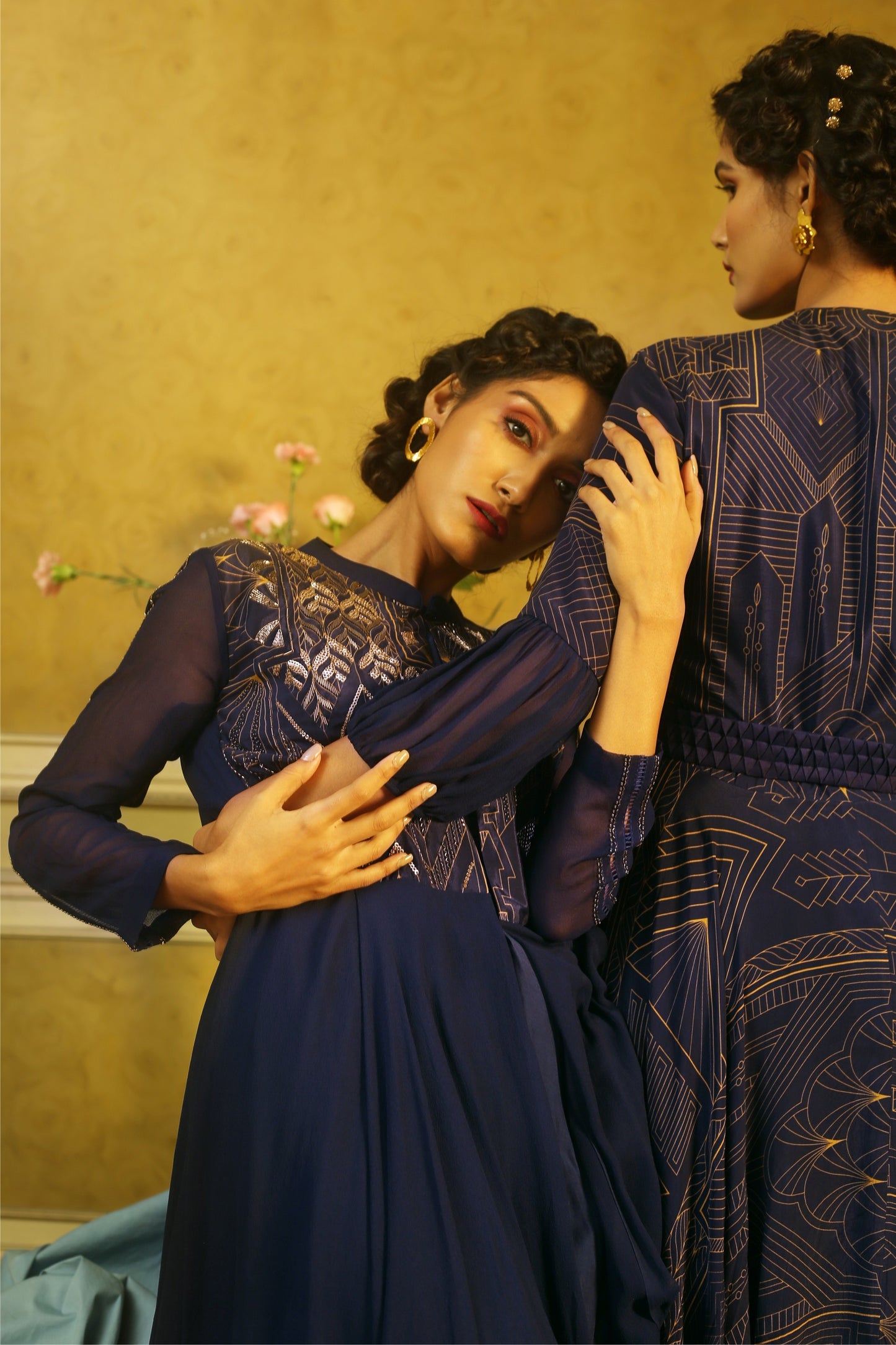 Navy Beaded Jacket With Flared Jumpsuit