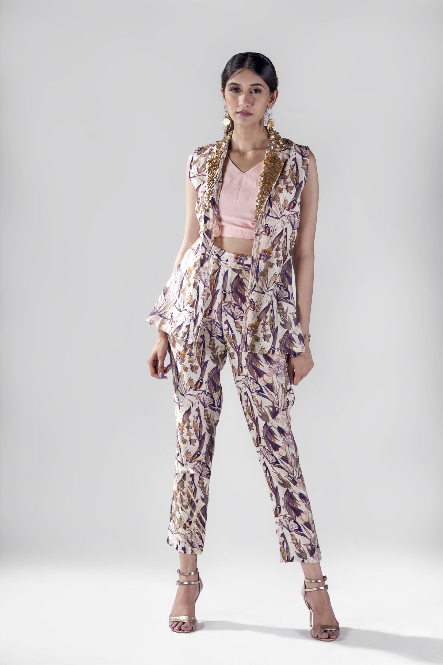 Off white bird print beaded lapel jacket set.