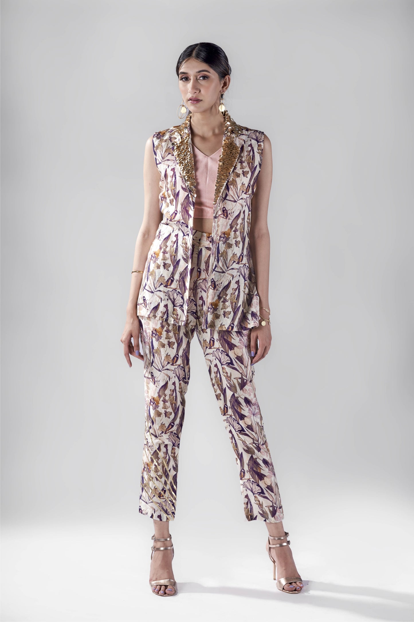 Off white bird print beaded lapel jacket set.