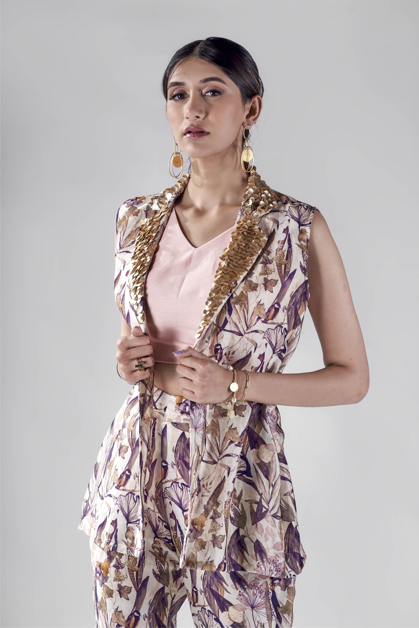 Off white bird print beaded lapel jacket set.
