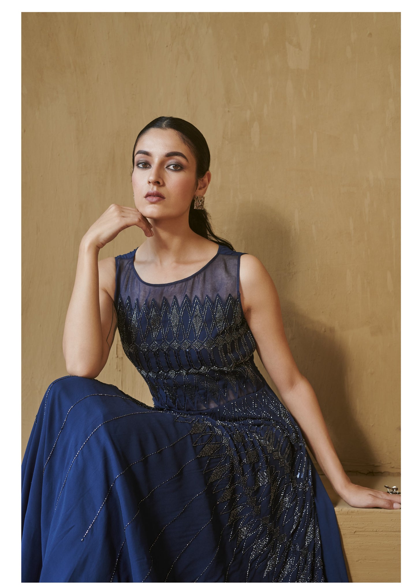 Navy Blue Sheer Applique Gown