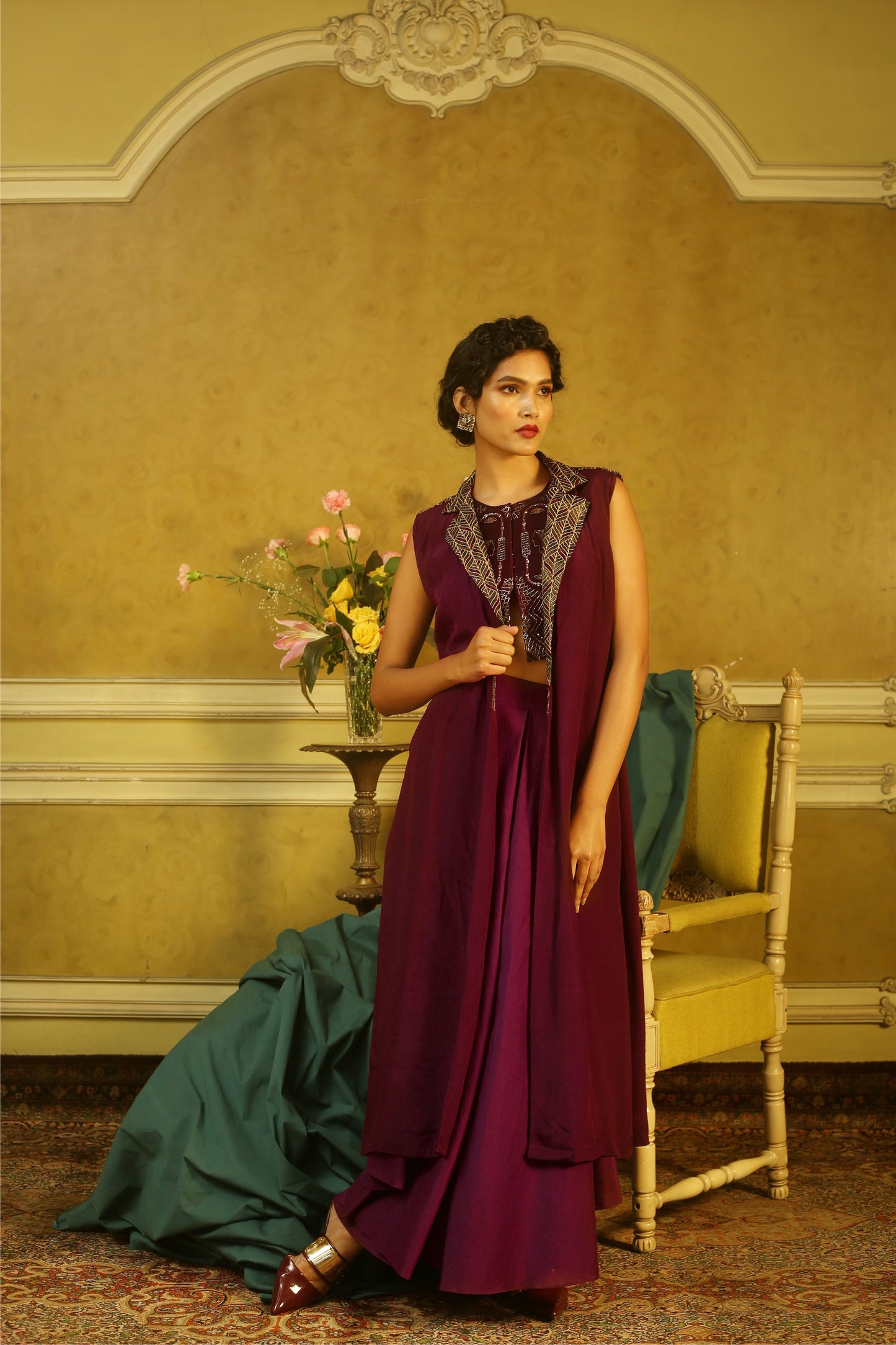 Aubergine Top & Flared Pants With Applique Lapel Jacket