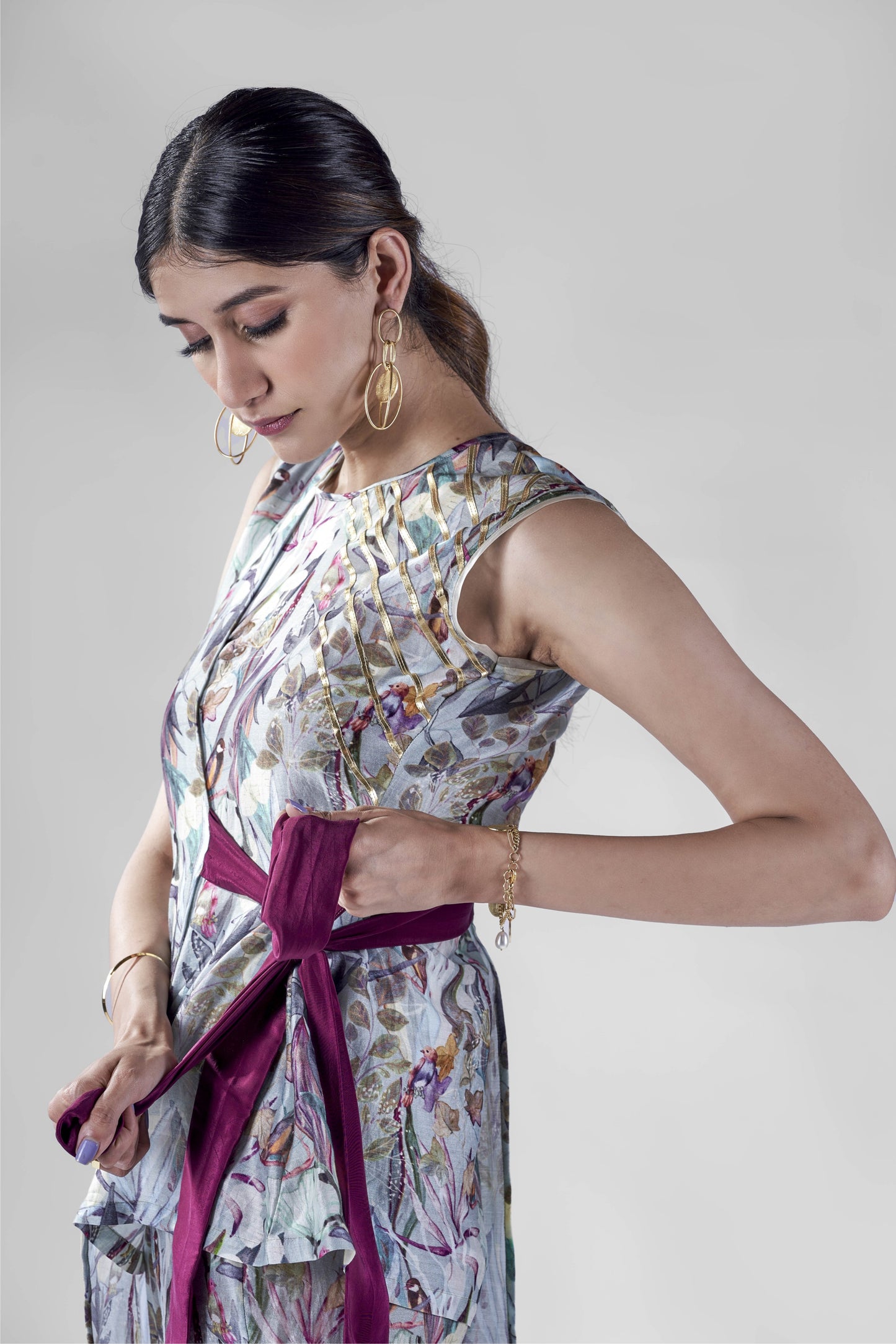 Aqua bird print overlay tieup co-ord set.