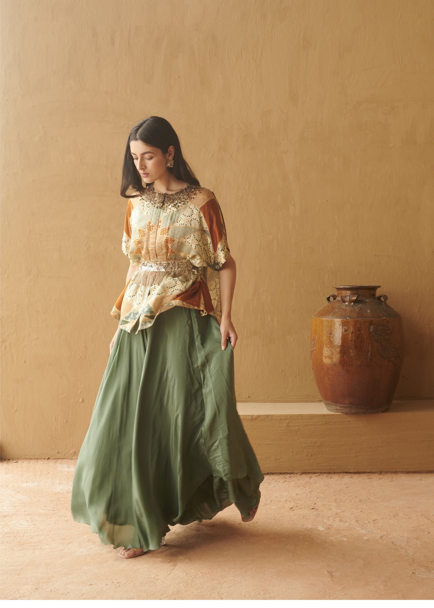 Teal Marrakech print beaded belted cape & pant set