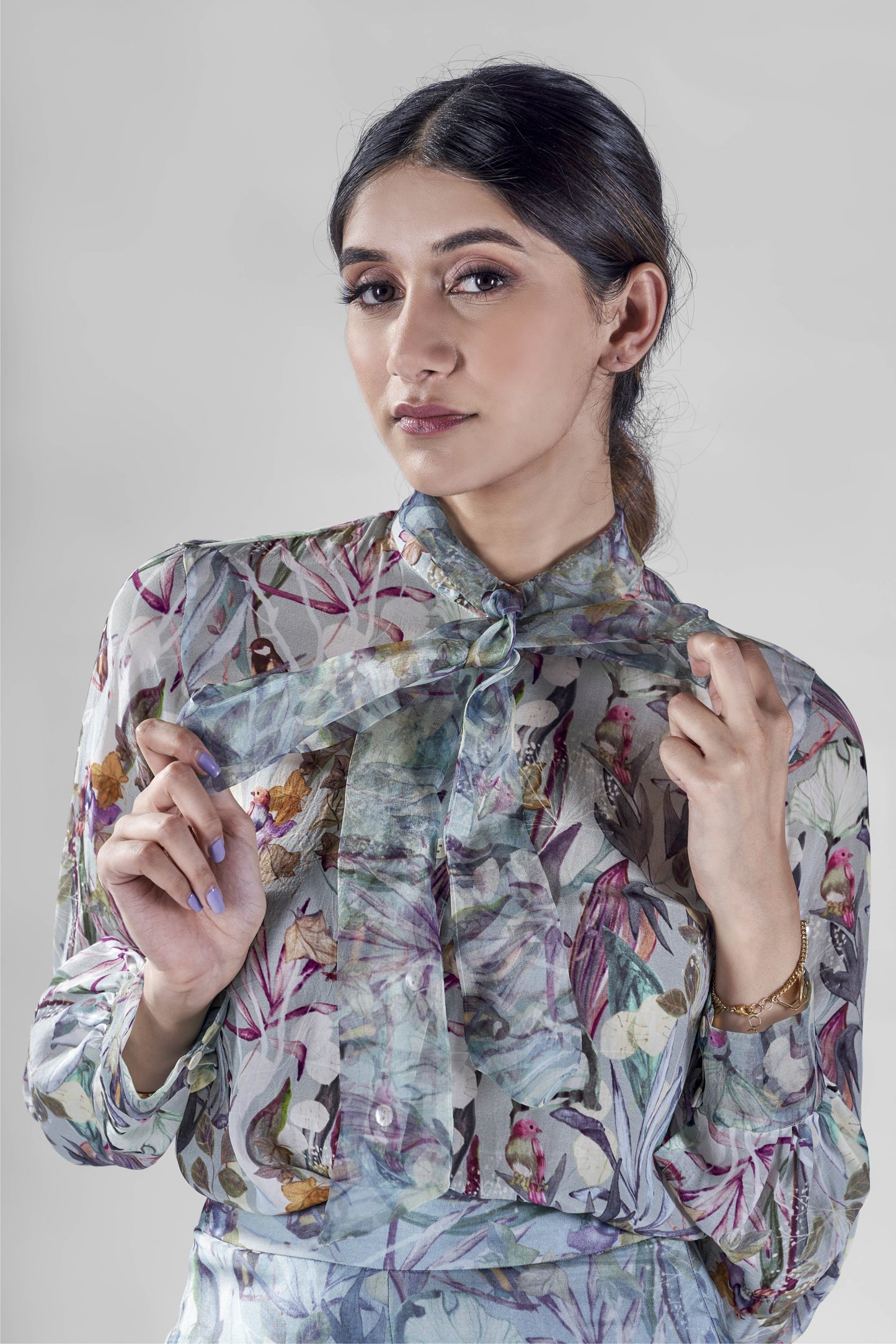 Aqua print knotted collar shirt with organza sheer pant set.