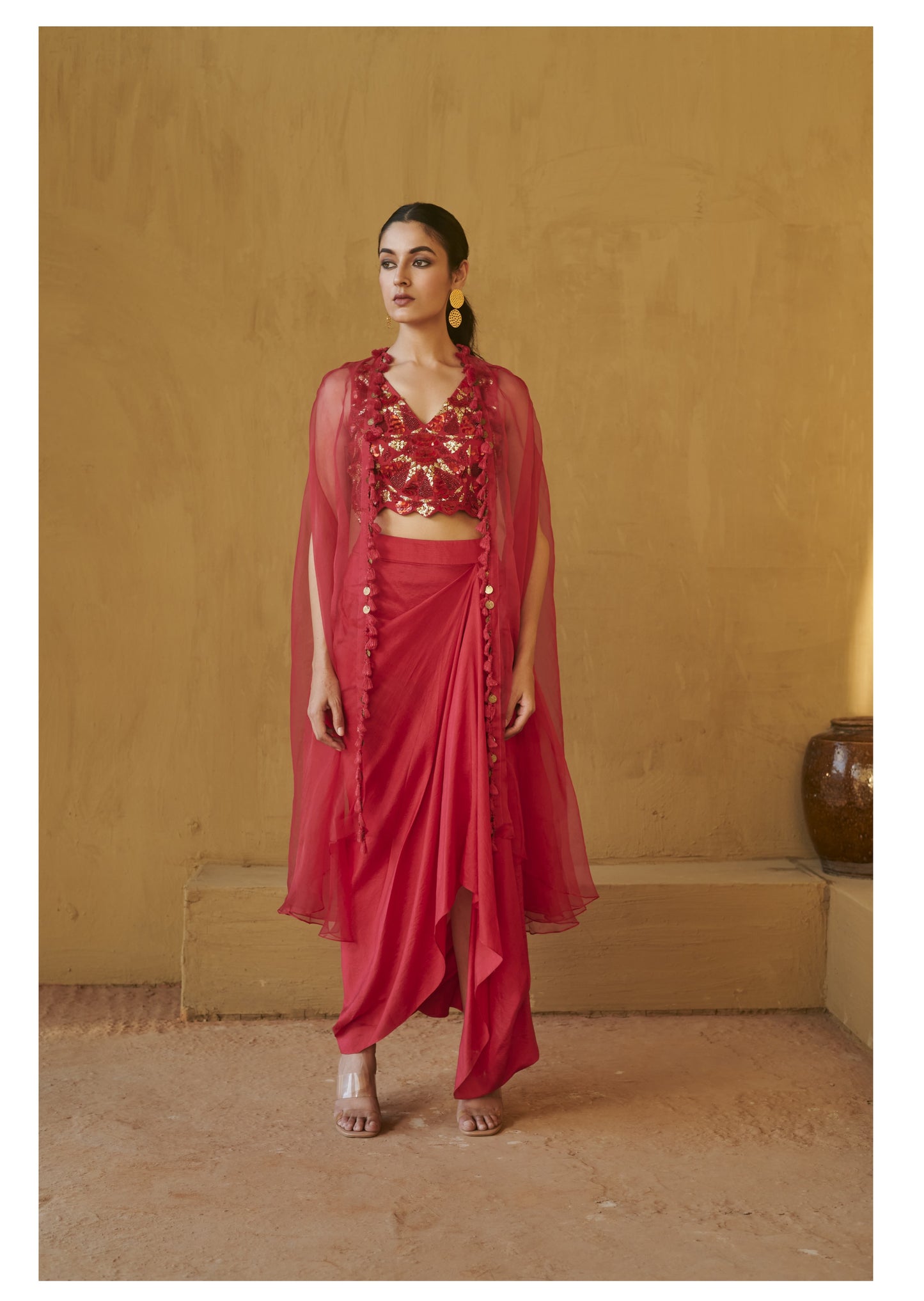 Hot pink beaded bustier with skirt & organza cape set