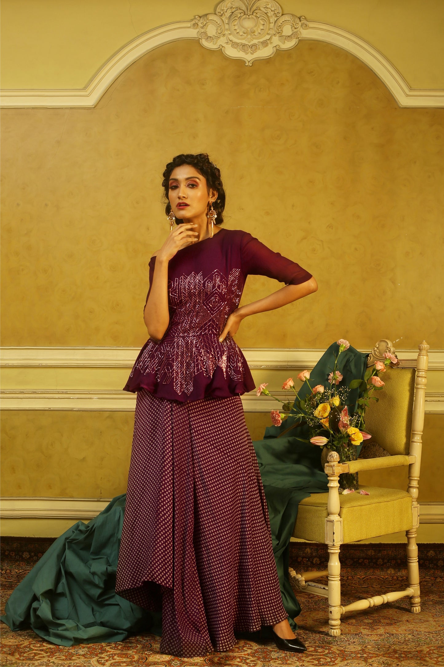 Aubergine Off-the-Shoulder Peplum Top & Printed Drape Skirt