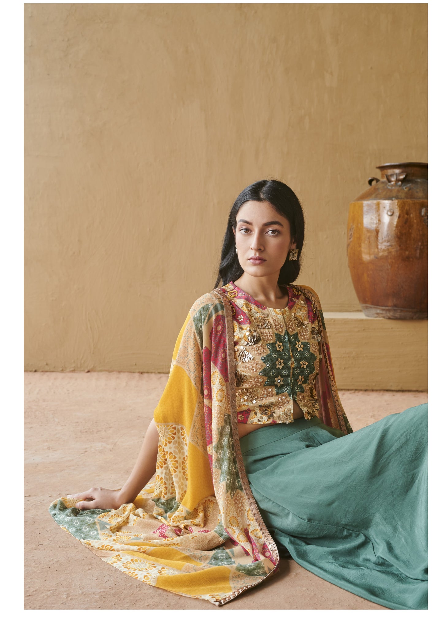 Pink Marrakech Print Top with Pant & Printed Cape Set