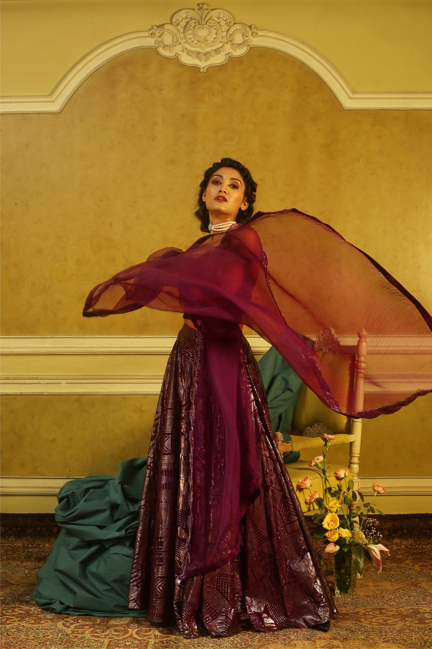 Aubergine Origami Bustier with Printed Lehenga, Organza dupatta