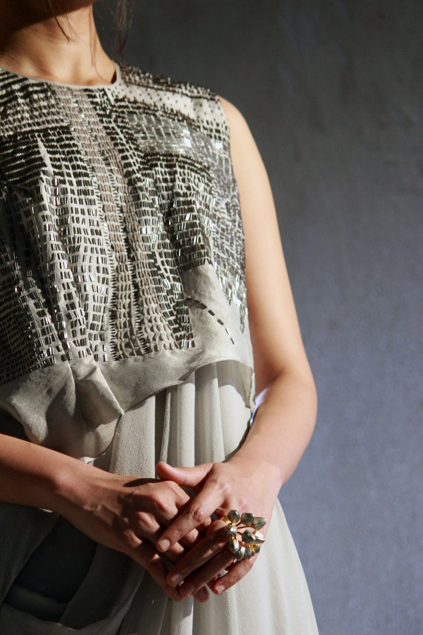 Grey draped dress with silk overlay jacket