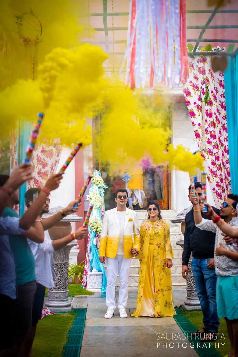 Yellow Watercolour Floral Beaded Jacket with Crop Top and Pants