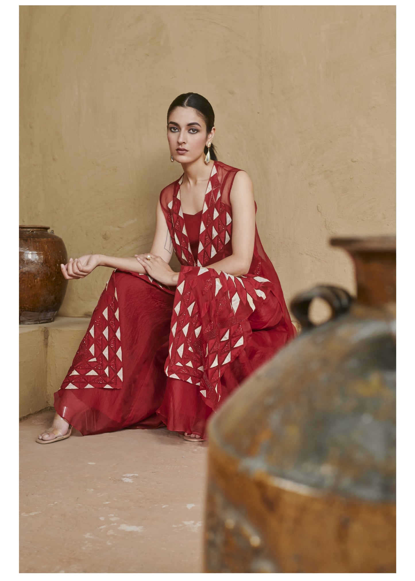 Brick Red Applique Organza Jacket Set